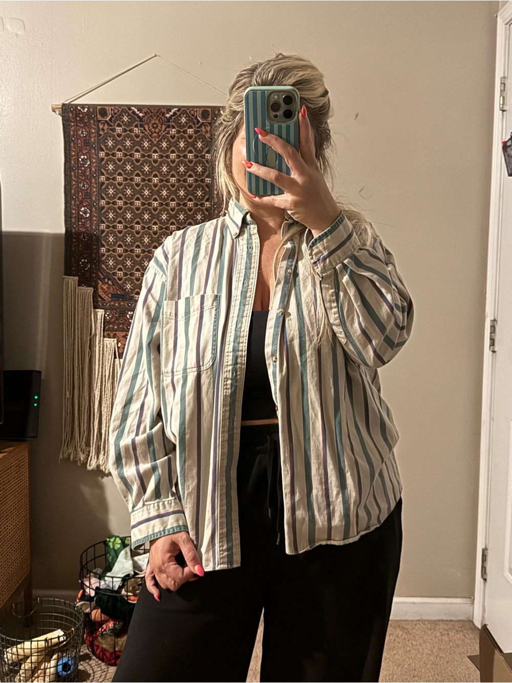 Van Heusen Cream Button-Down Shirt with Blue & Green Stripes